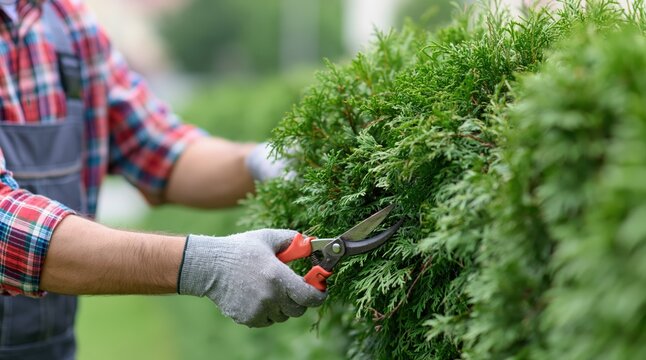 Gardener hands in gloves trimming green bush with shears in garden