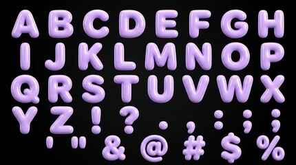 3D purple balloon alphabet letters. Glossy inflatable font set for party and celebration design.
