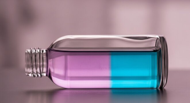 Clear glass bottle with dual colored purple and blue liquid.