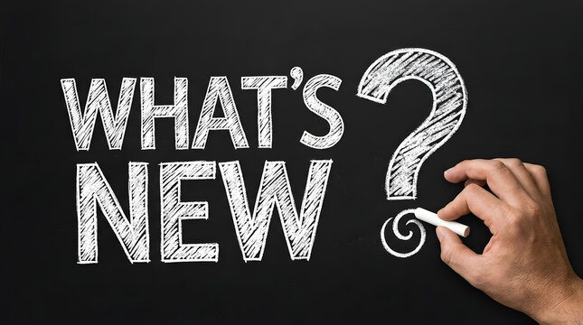 Hand drawing a large white question mark with chalk on a blackboard next to the bold text WHATS NEW in capital letters featuring writing, whats new, education, learning, teaching and school