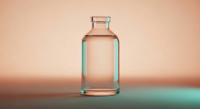 Clear glass medical vial filled with transparent liquid on a gradient background.