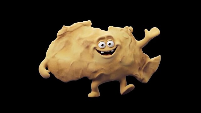 A happy 3D animated Sahara desert region map character dances energetically against a solid dark black background. Suited for educational media, travel agency promotions, interactive geography games, 