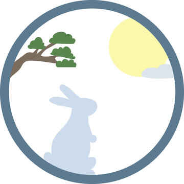 Cute Rabbit under Full Moon Chuseok Greeting Card, Korean Autumn Festival Minimal Vector Illustration