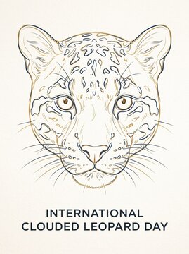 Minimalist line art portrait of a clouded leopard face, International Clouded Leopard Day vector poster design