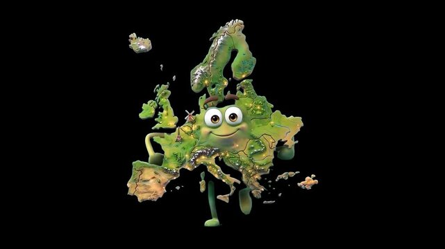 A vibrant 3D animated character shaped like the geographic map of Europe, featuring detailed green landscapes and floating islands, running fast against a dramatic black background. Great for internat