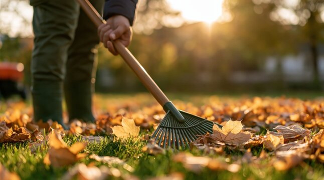 Person raking fallen autumn leaves in garden at sunset