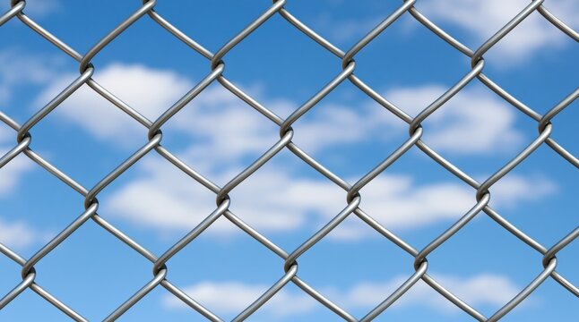 metal chain link fence against blue sky with clouds