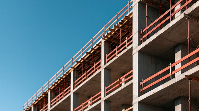 Concrete building under construction with orange safety railings against clear blue sky
