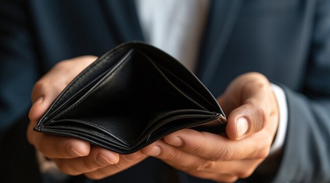 Businessman holding open empty black leather wallet