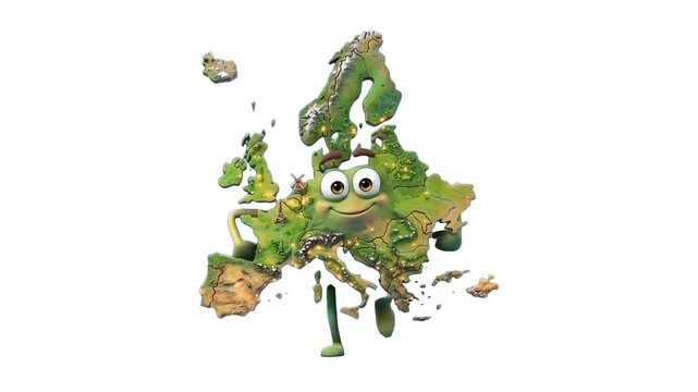 A playful 3D animated Europe map character with big eyes and a friendly smile dances against a clean white backdrop. Perfect for travel advertisements, school geography presentations, and global graph