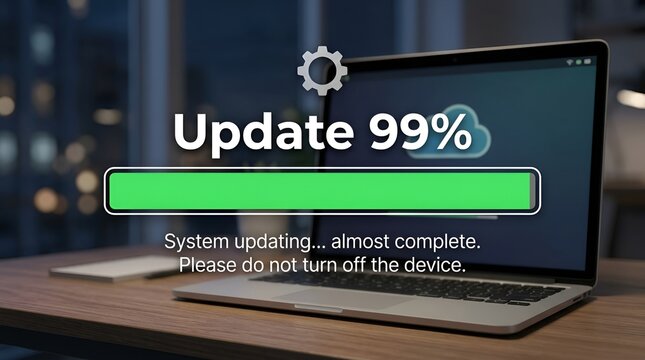 Close-up of a laptop updating software. Modern technology and digital maintenance in progress.