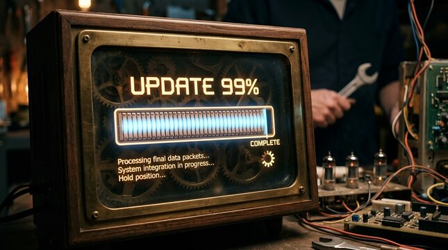 Futuristic digital interface displaying update progress. Modern technology with glowing screen and data visualization.