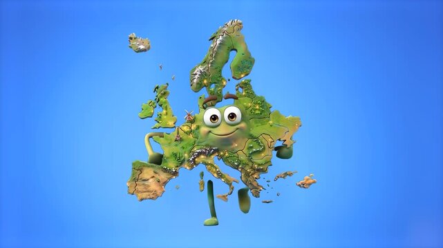 A happy 3D animated Europe map continent character with arms and legs dances cheerfully against a bright blue background. Ideal for European geography educational content, travel agency promos, and in