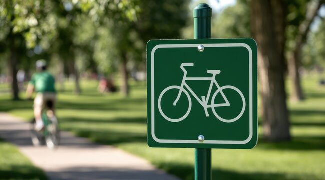 Green bicycle sign in park with blurred cyclist on path