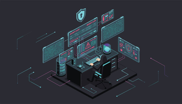 Advanced cyber warfare and hacking simulation showing a professional hacker operating in a high-tech environment with multiple data monitors.