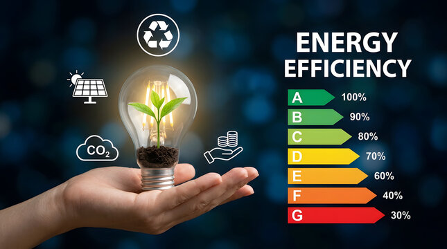 Hand holding glowing light bulb with growing plant and soil, surrounded by energy efficiency icons and a color-coded rating scale from A to G with percentages featuring sustainability