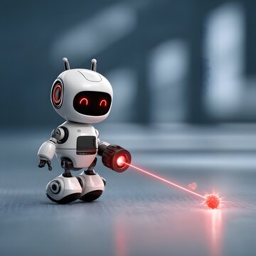 Cute Robot Shooting a Red Laser Beam at a Virus, Futuristic Technology Concept