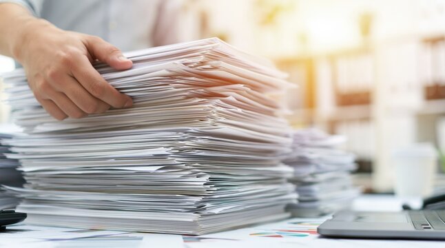 Hand holding large stack of white paper documents on office desk