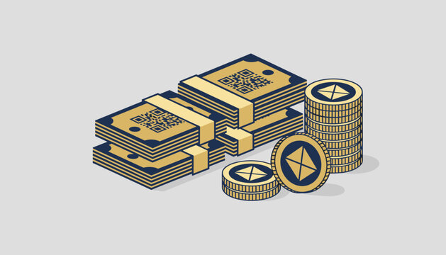 Digital currency representation features stacks of banknote icons with qr codes and piles of gold coins on a minimalist gray background.