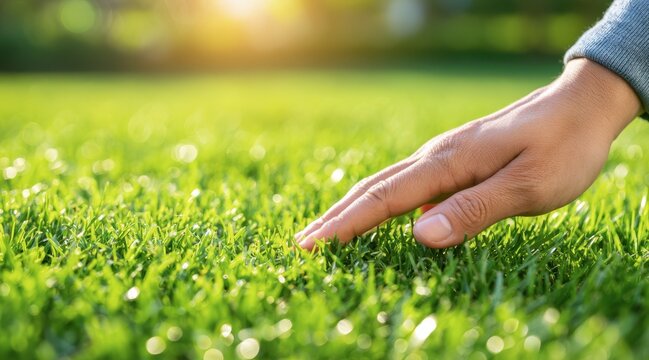Hand touching lush green grass in sunlit field