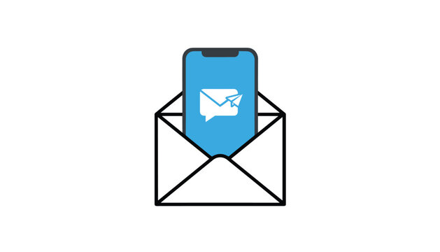 Digital communication concept features a modern smartphone with a mail icon placed inside an open envelope, representing mobile email tools.