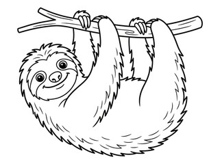 Fototapeta premium A cute, cartoon sloth hangs from a branch. The sloth has long claws and a smiling face.