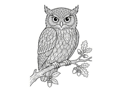 An owl sits perched on a branch, its feathers intricately detailed with swirling patterns. The owl&rsquo;s eyes are focused and alert.
