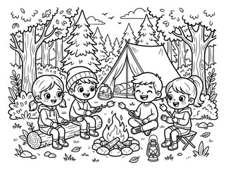 Naklejka premium Four young boys are sitting around a campfire in a forest. They are roasting marshmallows on sticks and smiling.