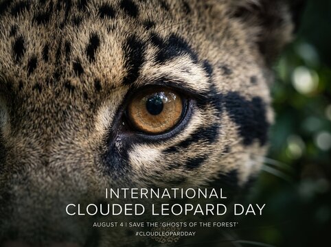 Close up eye portrait of a clouded leopard, International Clouded Leopard Day August 4 poster background