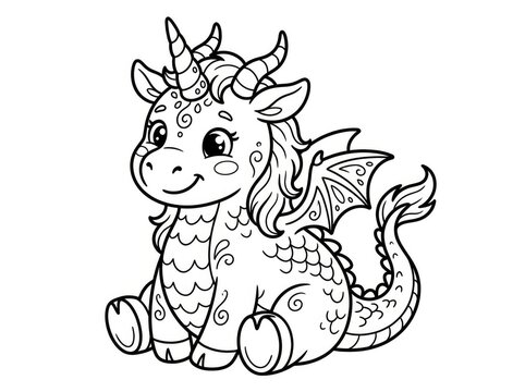 A cute, cartoon dragon sits playfully on a small, round cushion. The dragon has a single horn, curly tail, and small wings.