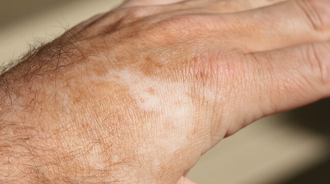 Close up human hand vitiligo skin condition showing white depigmented patches