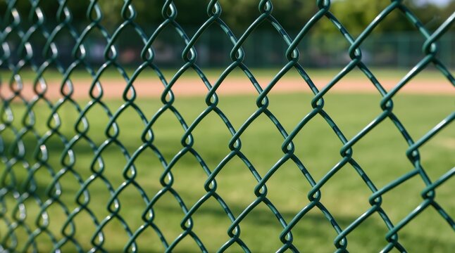 Close up view of green chain link fence with blurred baseball field background