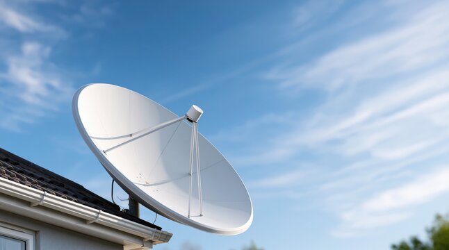 White satellite dish mounted on roof of house against blue sky