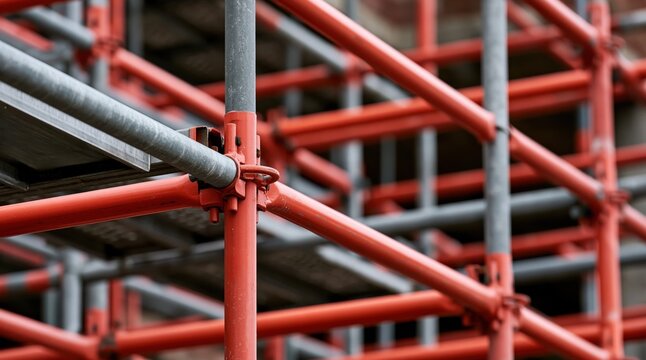 Red and grey metal scaffolding pipes joined at construction site