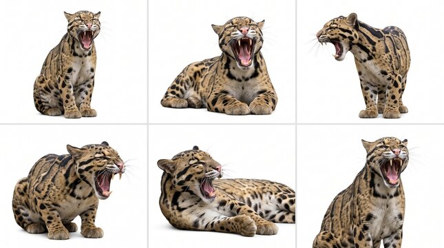 Collage Of Exotic Spotted Clouded Leopards Yawning And Roaring Isolated On White Background