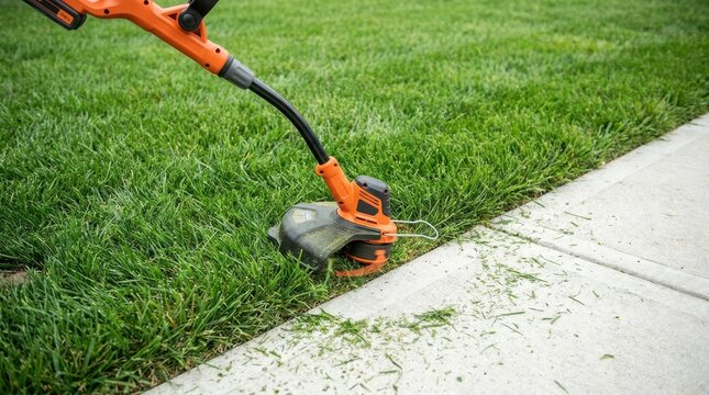 Close up view of orange string trimmer head cutting lawn grass along sidewalk edge during residential landscaping.