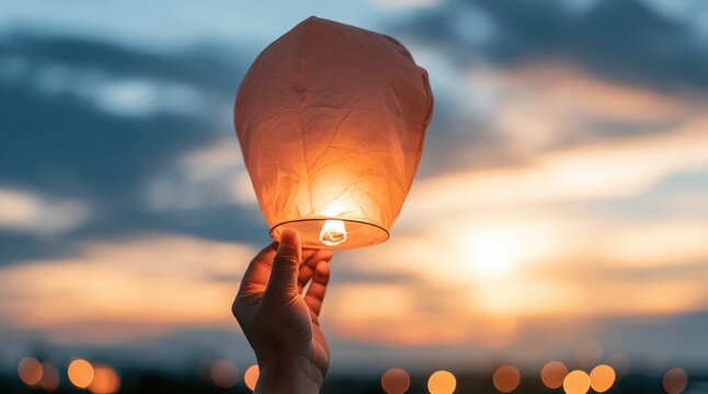 Hand holding lit paper sky lantern at sunset