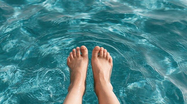 Bare feet dangling in clear turquoise water of swimming pool