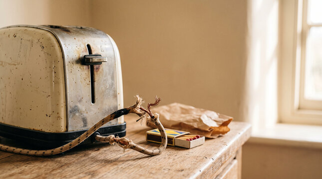 Vintage toaster with frayed cord on wooden table beside matches  