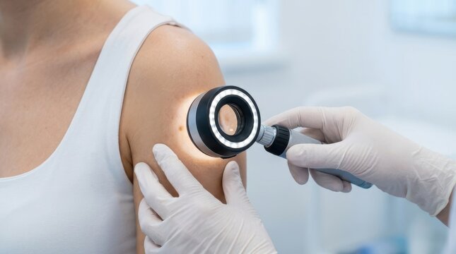 Close-up of doctor examining mole on woman's arm with dermatoscope in bright clinic.