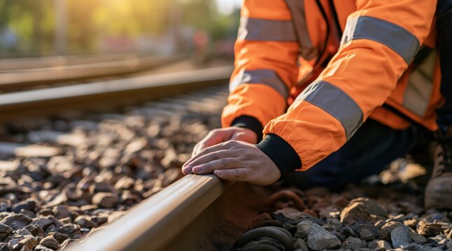 Railway worker hand touching steel rail during track inspection