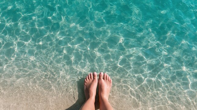 person feet standing on sandy beach in shallow clear turquoise sea water
