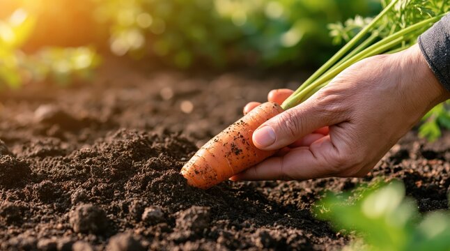 Hand pulling fresh orange carrot from dark fertile soil in garden