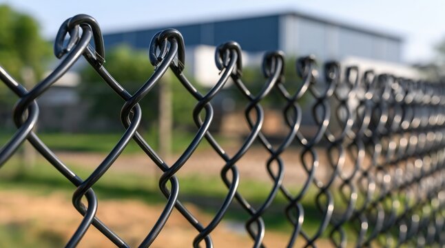 Black chain link fence with blurred industrial background