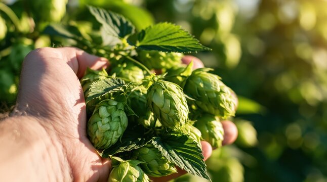 Hand holding fresh green hop cones in field during sunset