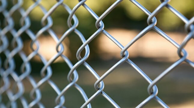Close up of metal chain link fence with blurred natural background