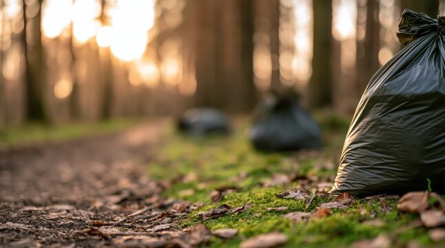 Garbage bags abandoned in forest at sunset