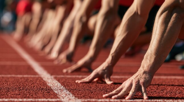 Athletes hands on starting line of red running track