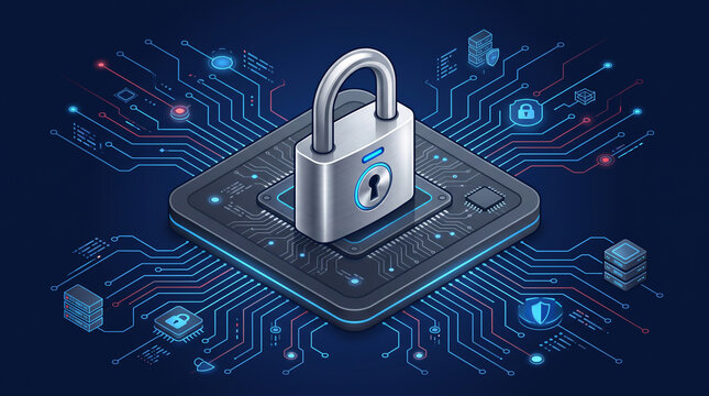 Isometric padlock with circuit board ai technology and cyber security concept