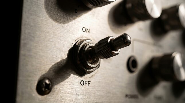 Toggle switch set to ON position on vintage electronic equipment, aluminum control panel, power activation concept.
